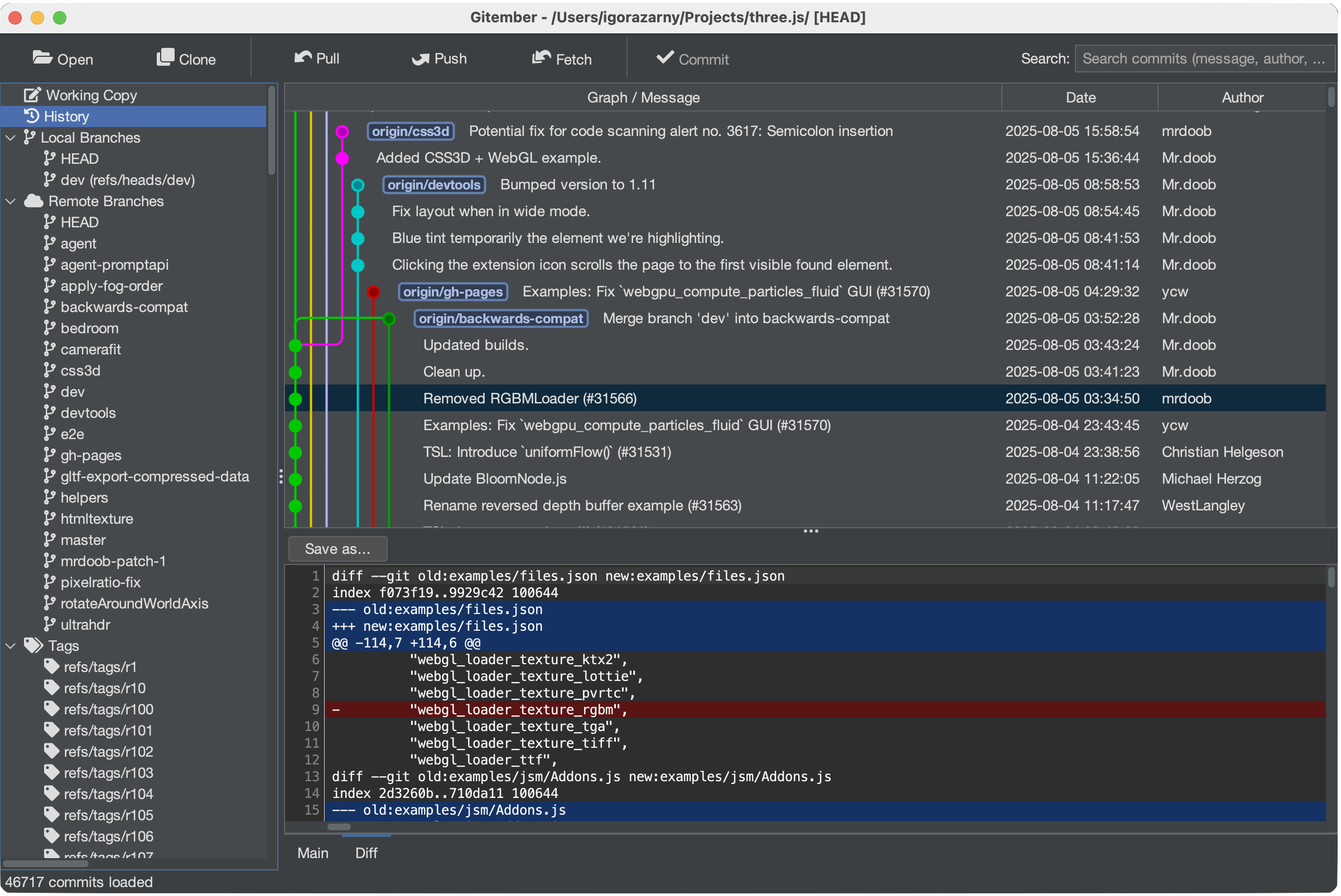Gitember file diff viewer screenshot